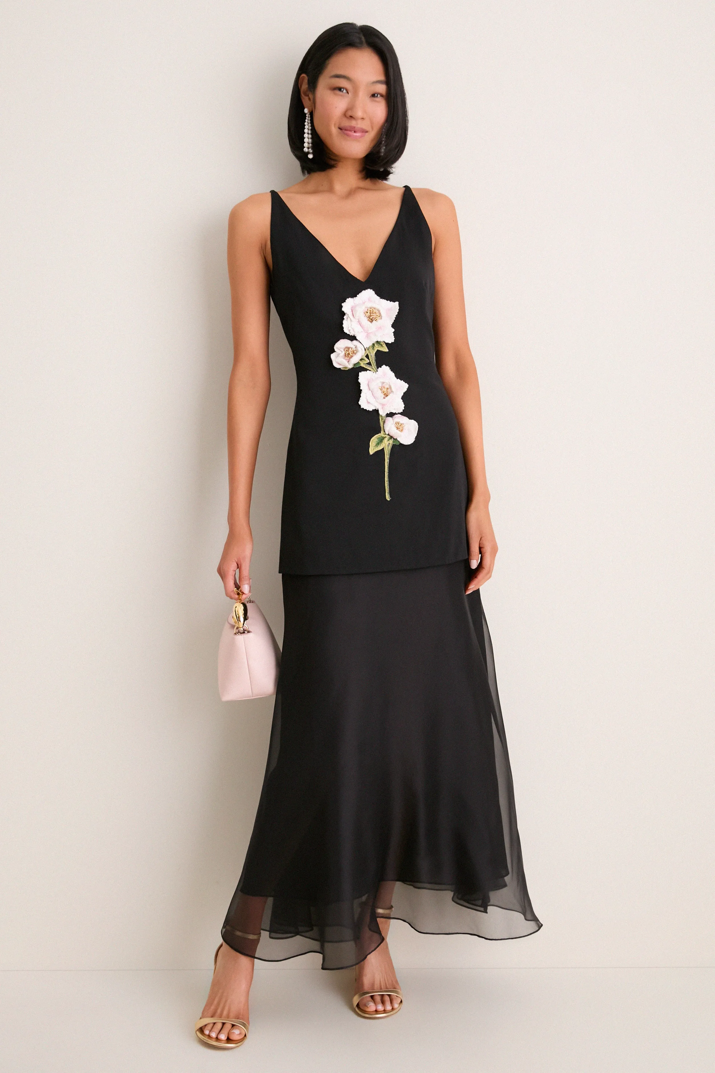 Black and Pink Peony Embroidered V Neck Dress sold by Tuckernuck product image thumbnail 3