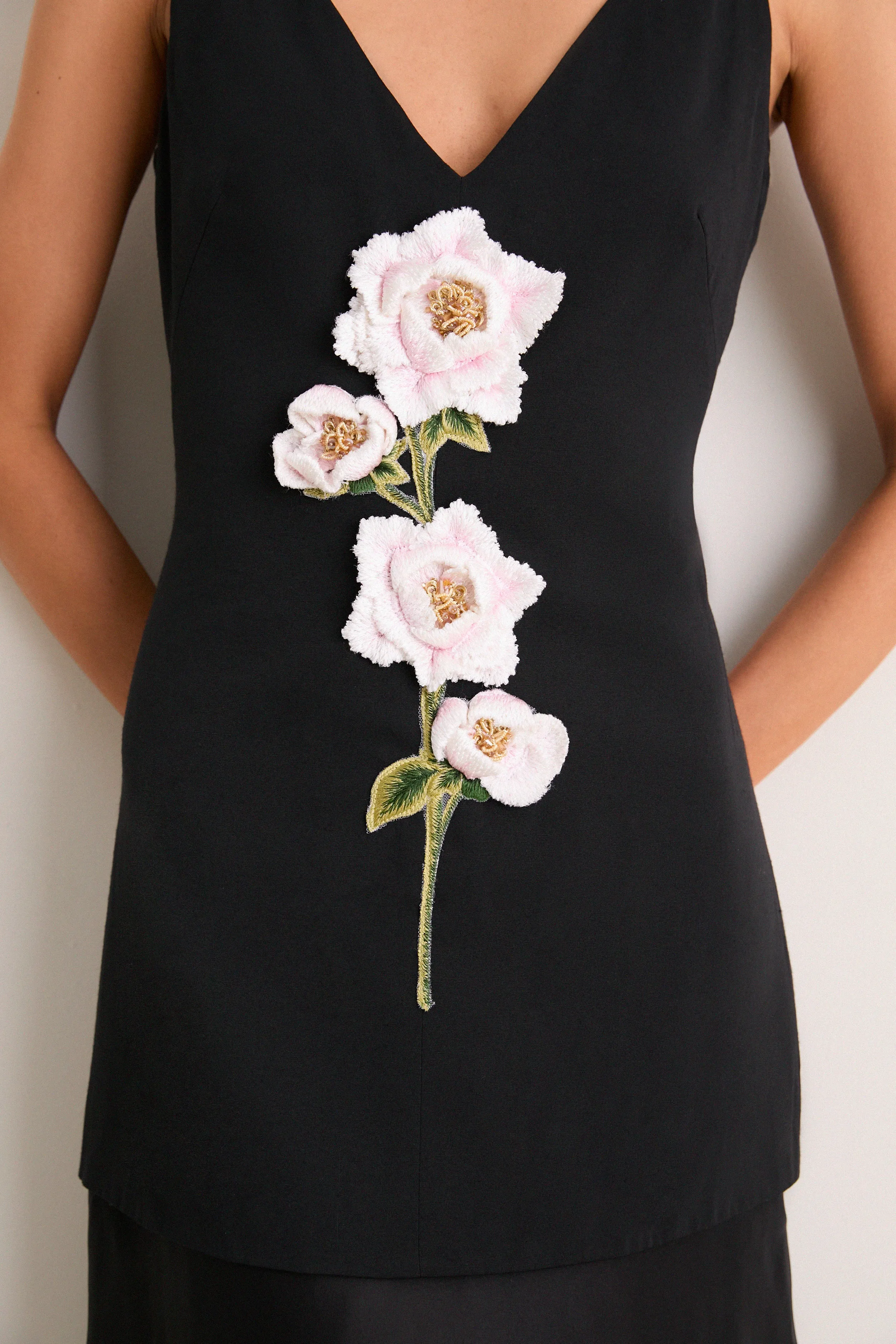 Black and Pink Peony Embroidered V Neck Dress sold by Tuckernuck product image thumbnail 2