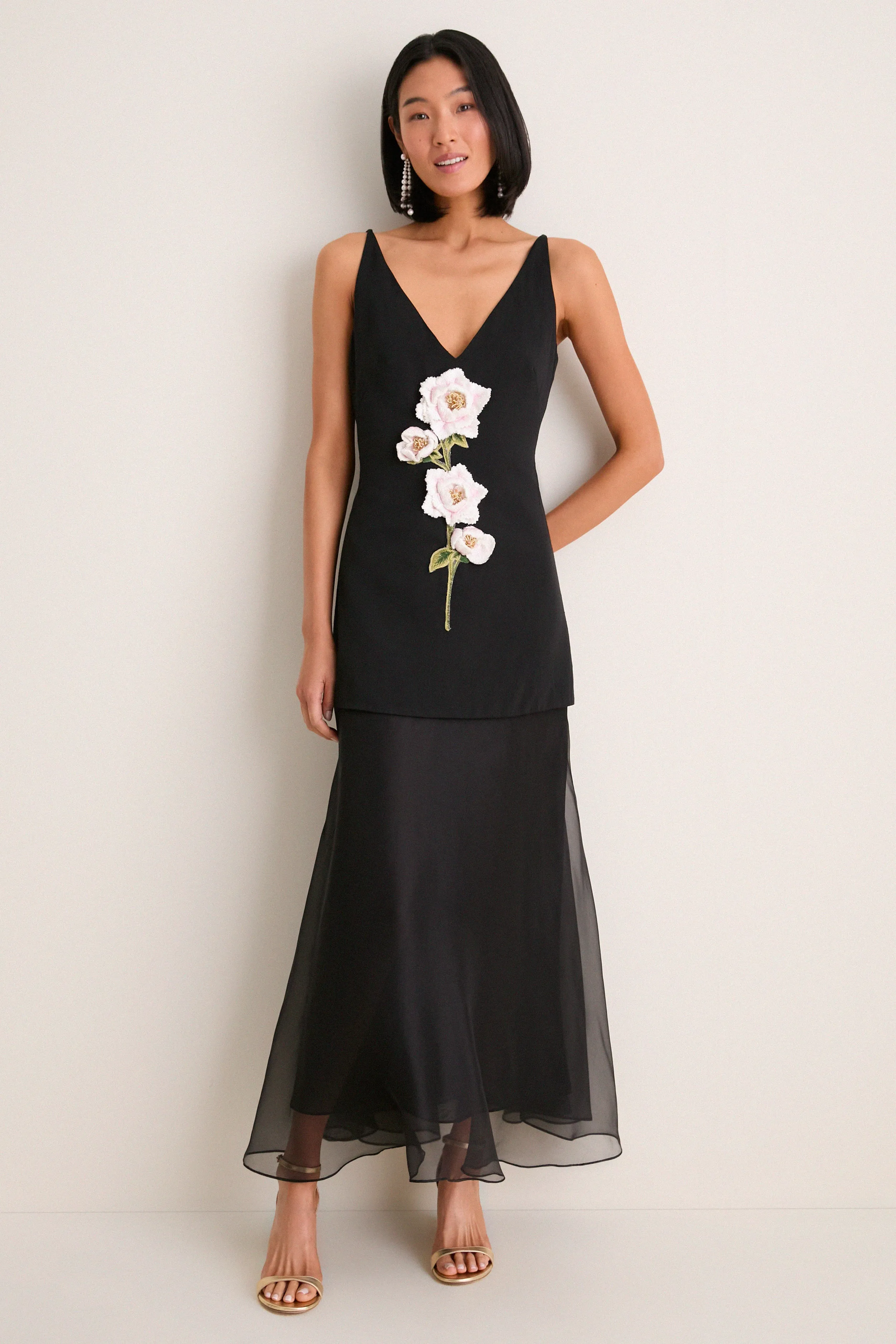Black and Pink Peony Embroidered V Neck Dress sold by Tuckernuck