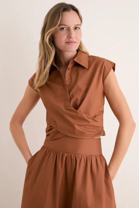 Camel Eloise Wrap Front Extended Shoulder Poplin Top made by Greylin