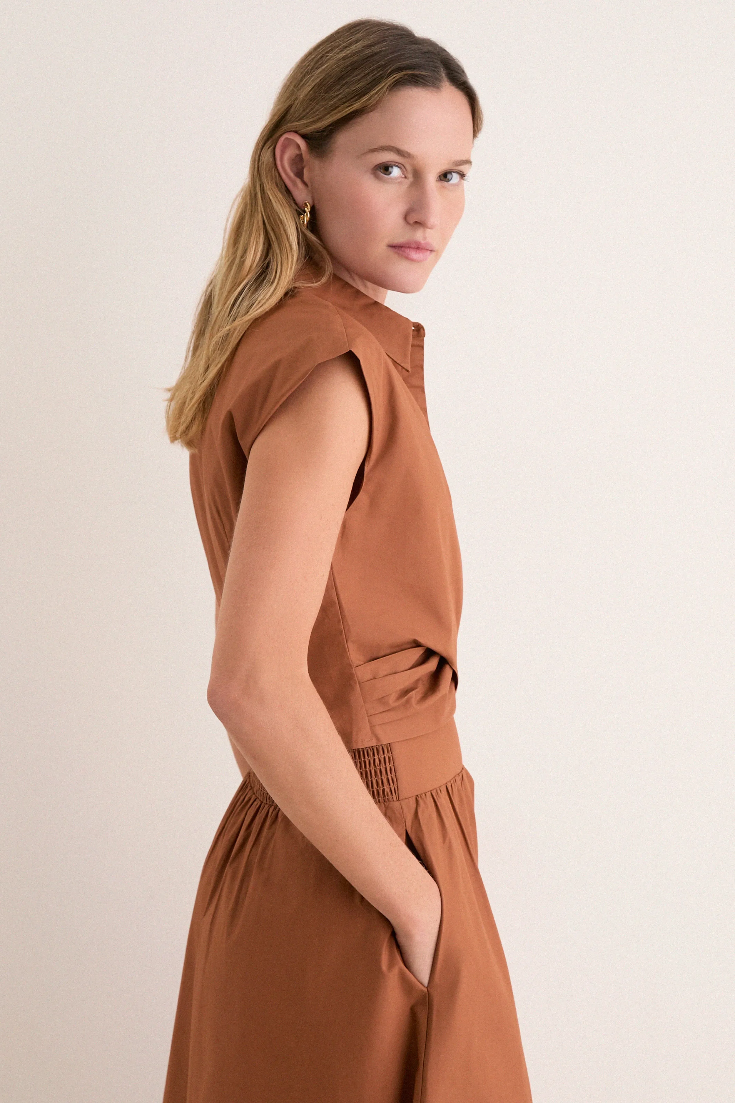 Camel Eloise Wrap Front Extended Shoulder Poplin Top sold by Tuckernuck product image thumbnail 3
