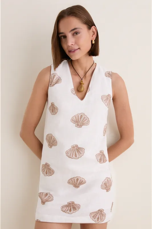White & Tan Embroidered Seashell Manteo Mini Dress made by Hyacinth House