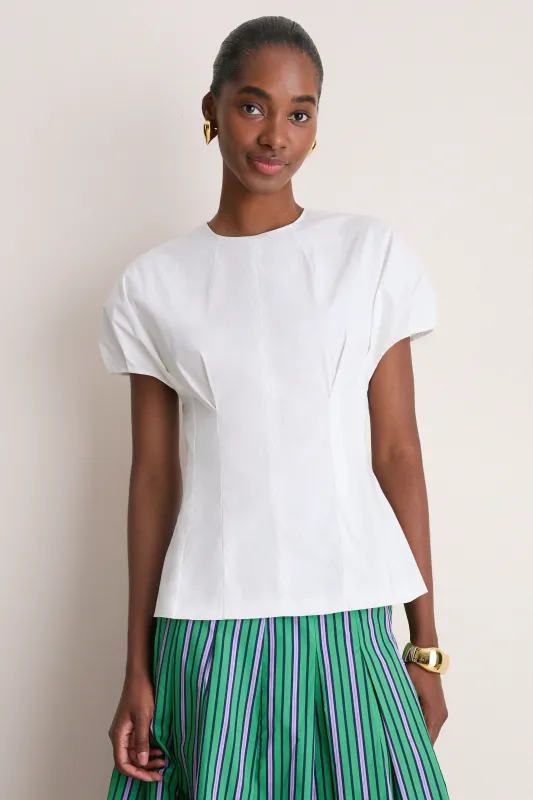 White Cotton Poplin Bubble Sleeve Top made by Lela Rose