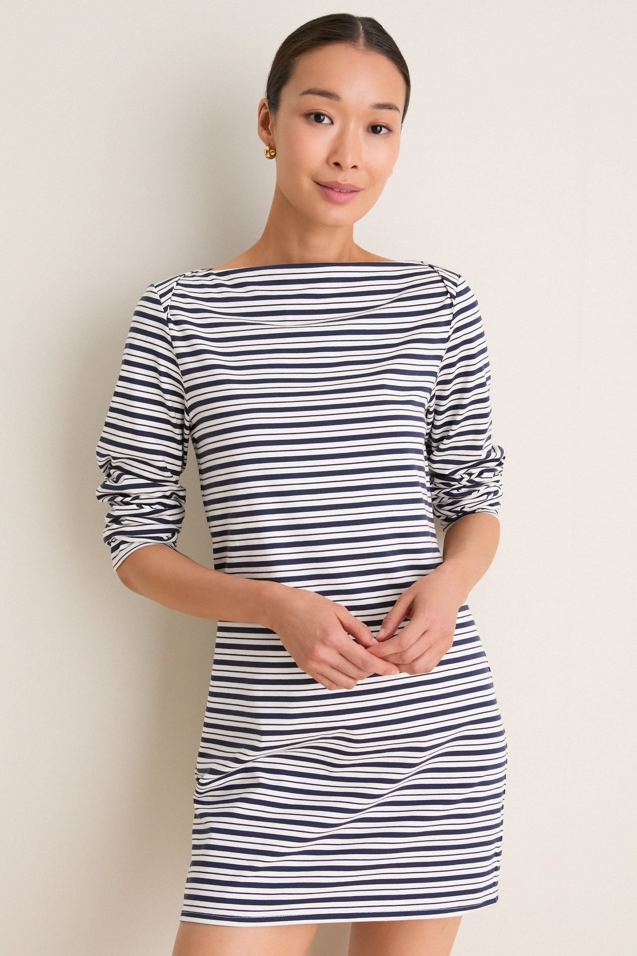 Navy Stripe Boatneck Tuzzi Mini Dress sold by Tuckernuck