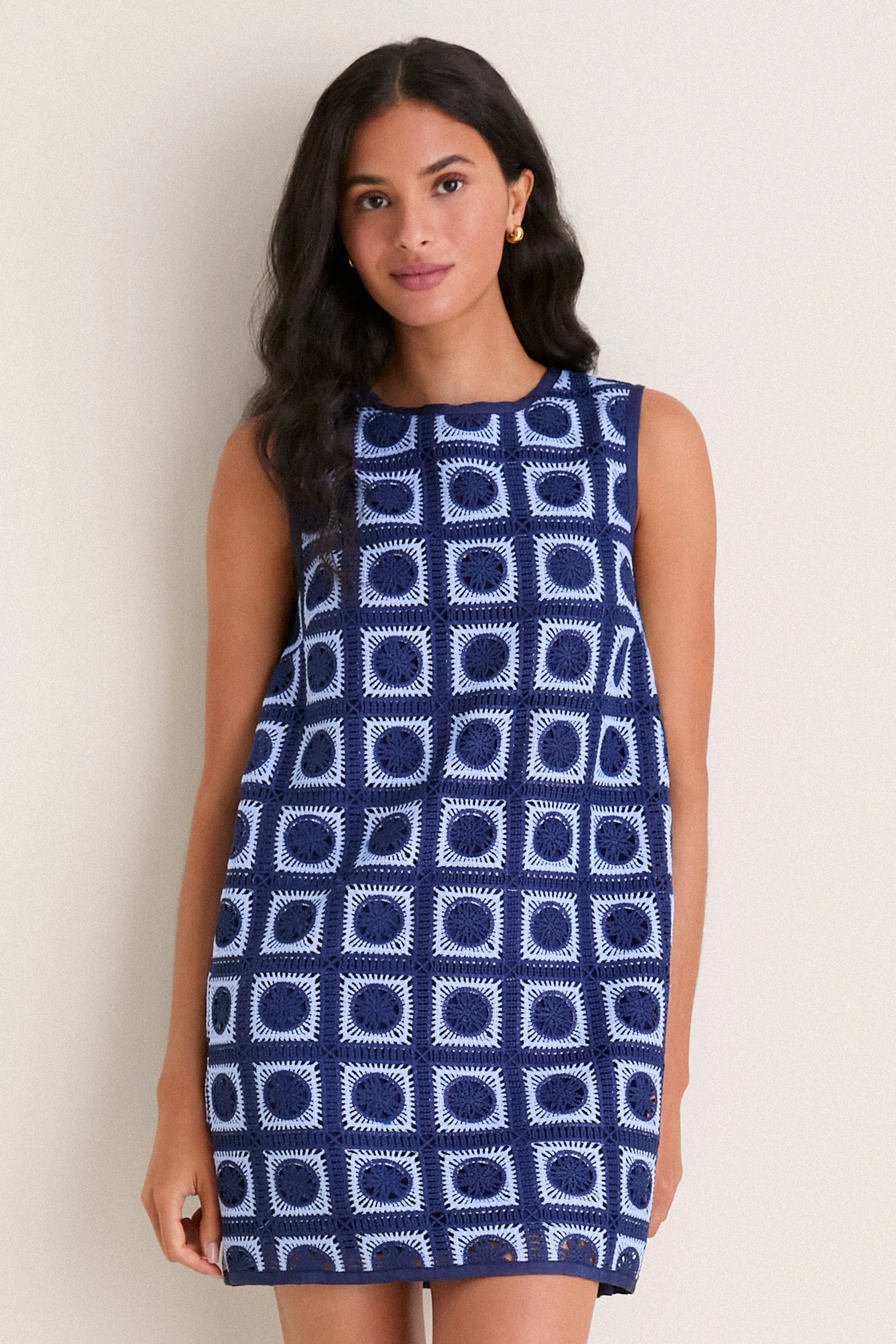 Navy & Sky Blue Crochet Calabash Mini Dress sold by Tuckernuck
