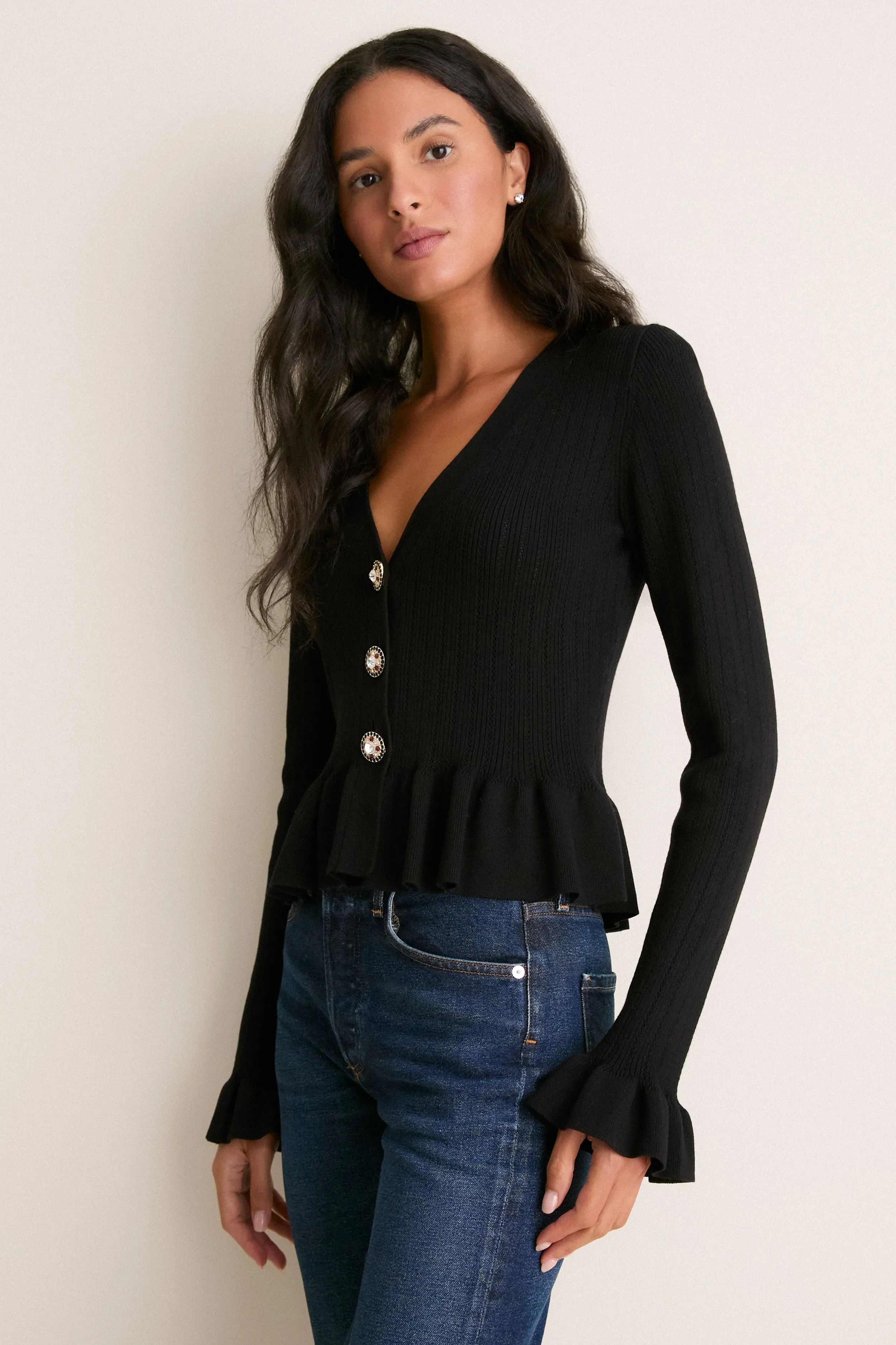 Black Bejeweled Button Sylvia Cardigan sold by Tuckernuck