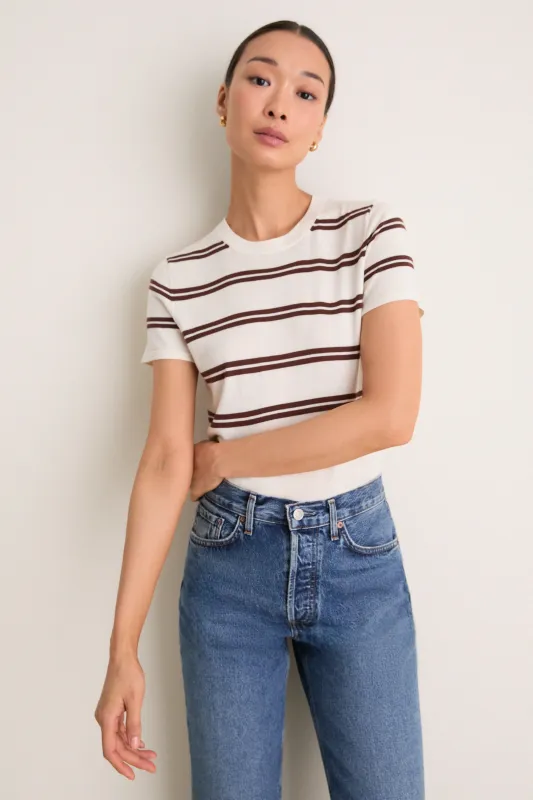 Ivory and Mocha Stripe Cashmere Silk Katie Tee made by Tuckernuck