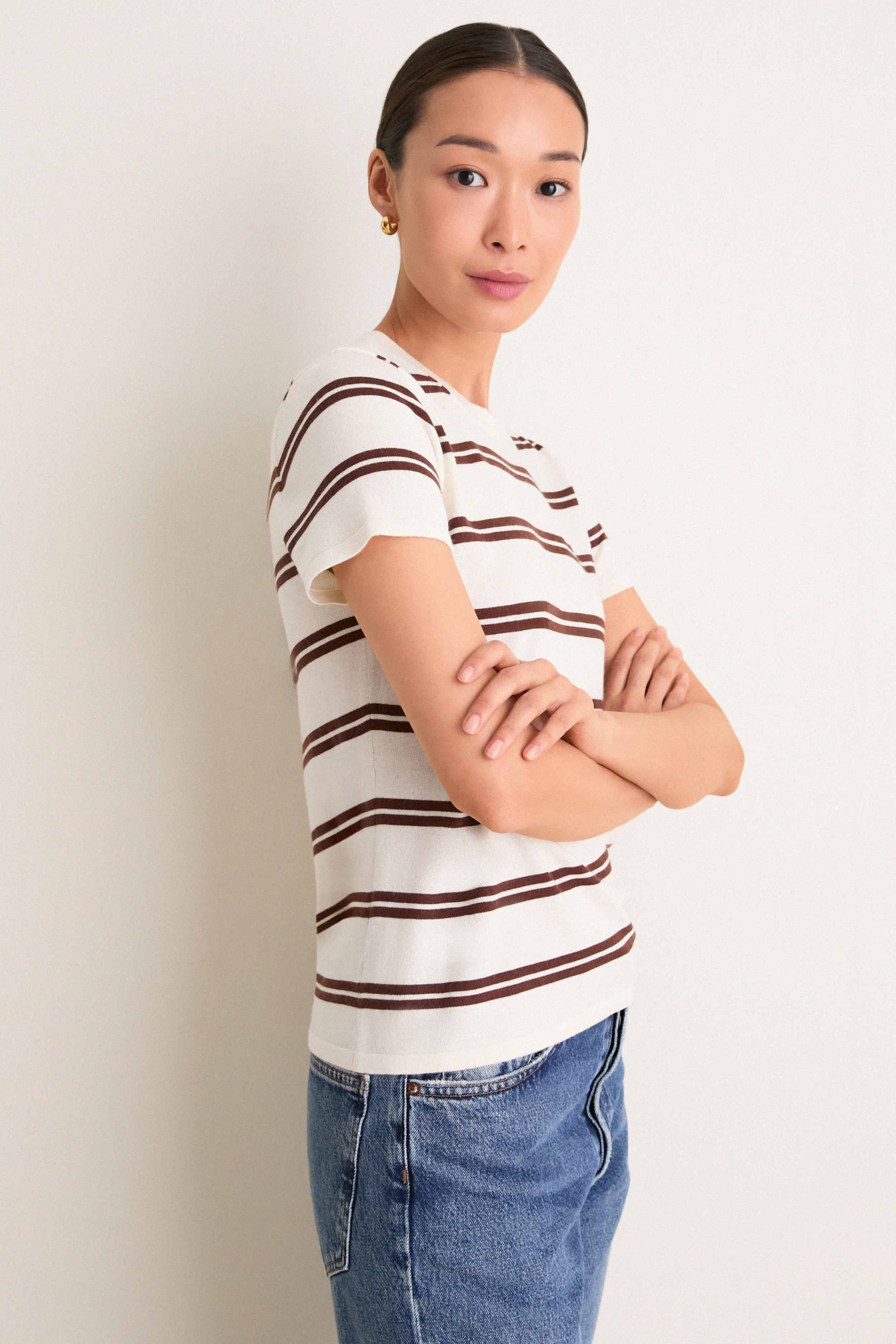 Ivory and Mocha Stripe Cashmere Silk Katie Tee sold by Tuckernuck product image thumbnail 4