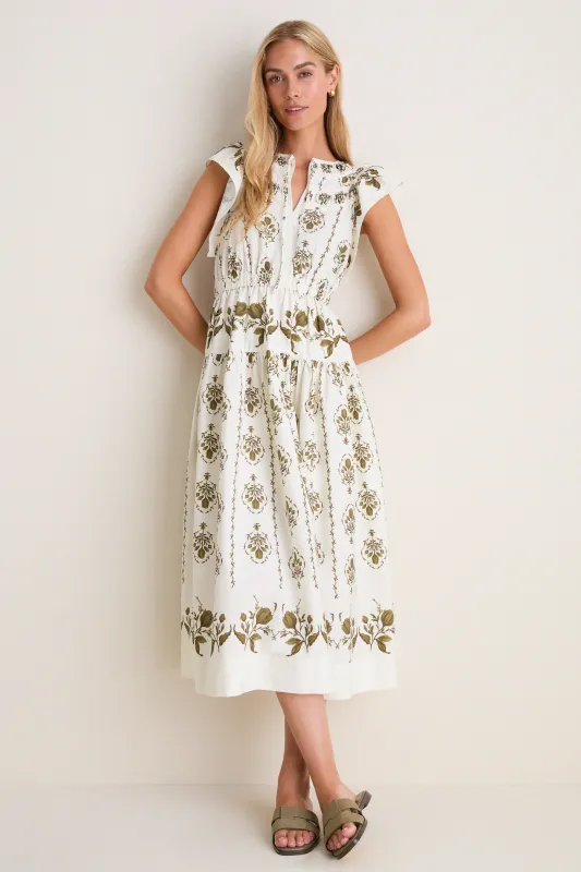 Beige Multi Short Ruffle Sleeve Midi Dress made by Moon River