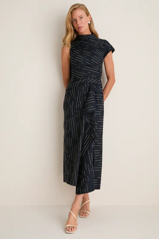 Dark Navy Stripe Tailoring Draped Midi Dress made by ERDEM