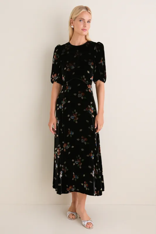 Black Leda Velvet Puff Sleeve Midi Dress made by Sea New York