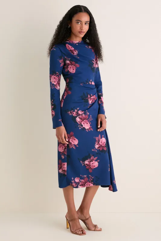 Margot Bouquet Ink Stretched Cady Long Sleeve Draped Midi Dress made by ERDEM