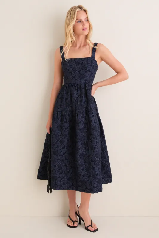 Navy Jacquard Square Neck Irene Midi Dress made by English Factory
