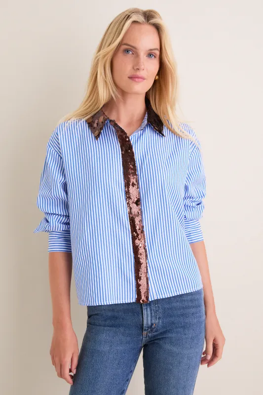 Blue Pinstripe & Bronze Sequin Sadie Button Down made by Hyacinth House