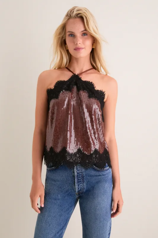 Brown Sequin & Black Lace Bradshaw Halter Tank made by Hyacinth House