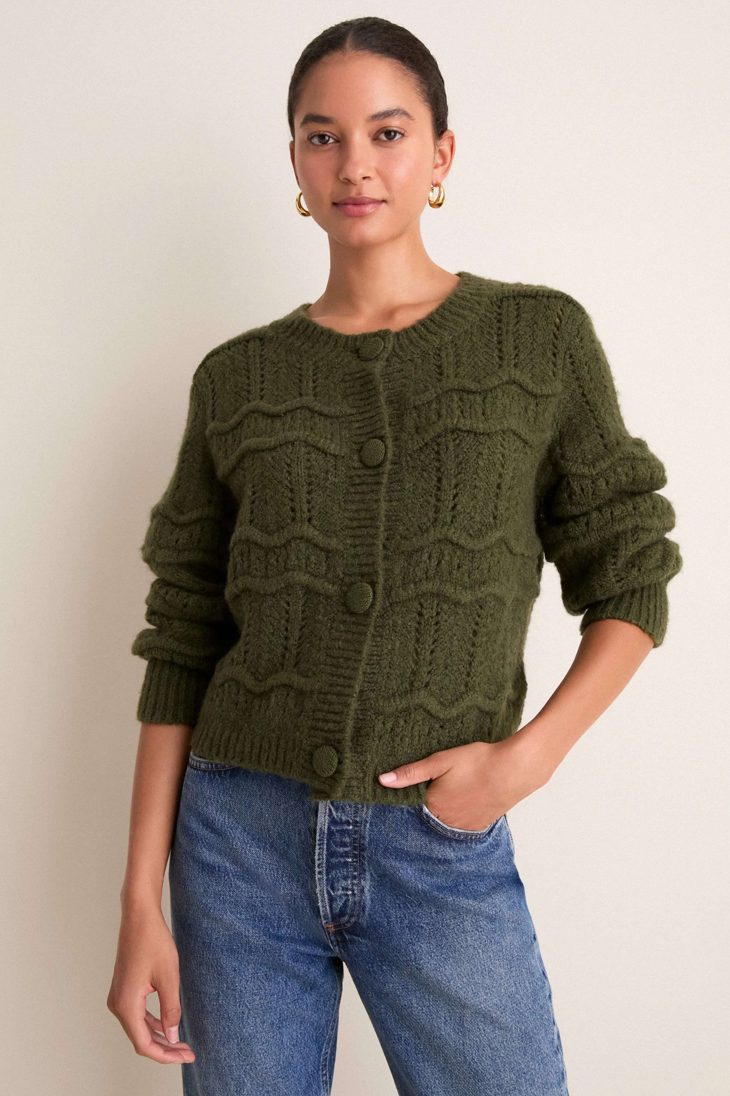 Olive Zig Zag Knit Nadia Cardigan sold by Tuckernuck