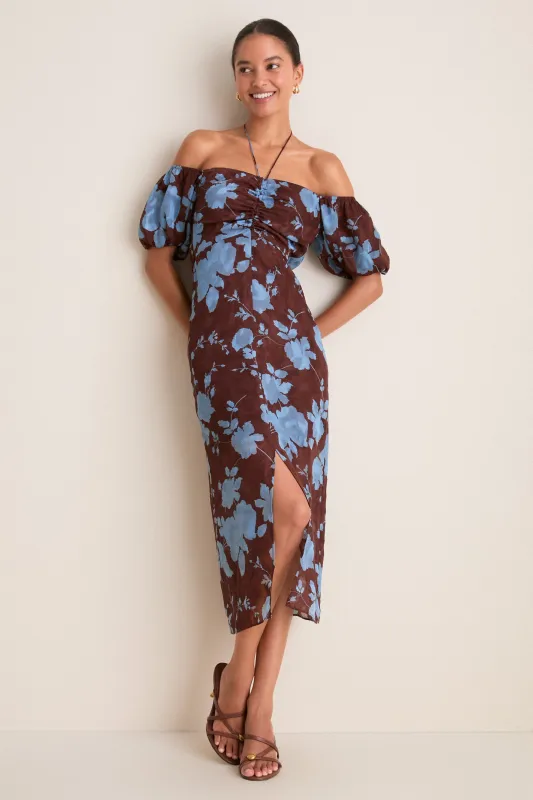 Chocolate & Blue Floral Savannah Midi Dress made by Hyacinth House