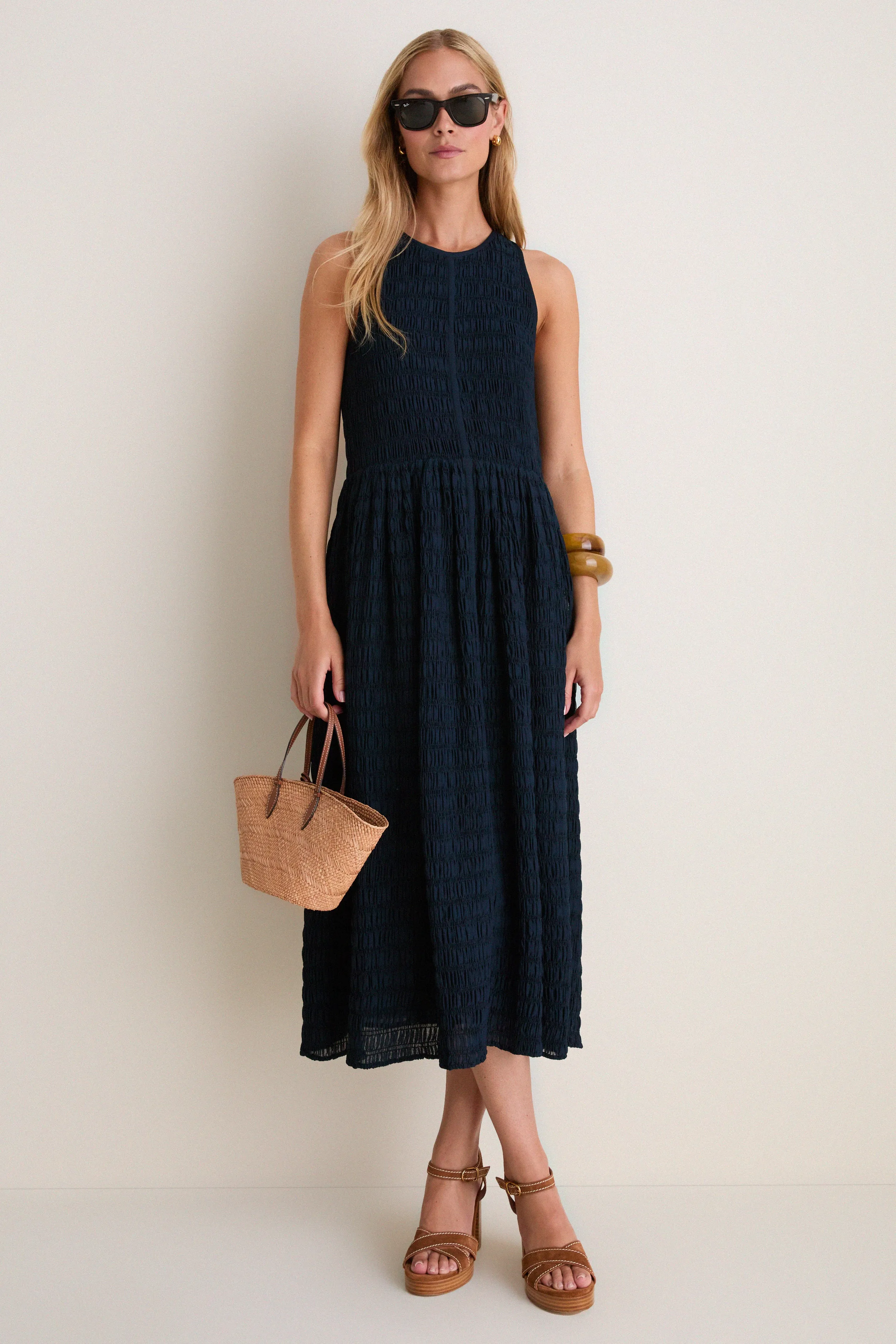 Navy Smocked Chiffon Vanetta Midi Dress sold by Tuckernuck product image thumbnail 3
