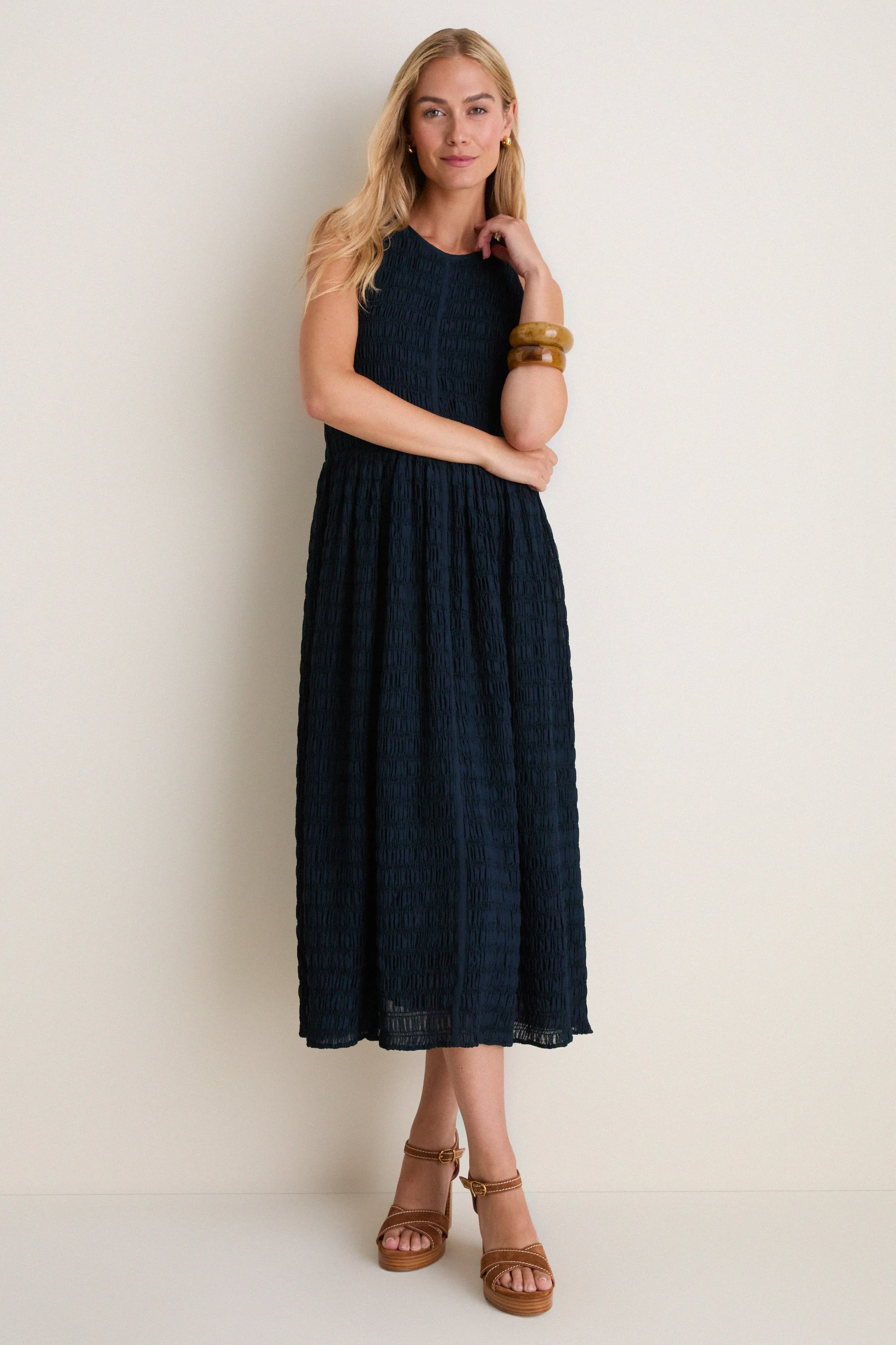 Navy Smocked Chiffon Vanetta Midi Dress sold by Tuckernuck