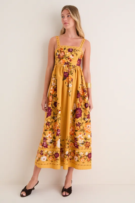 Mustard Multi Square Neck Sleeveless Midi Dress made by Moon River