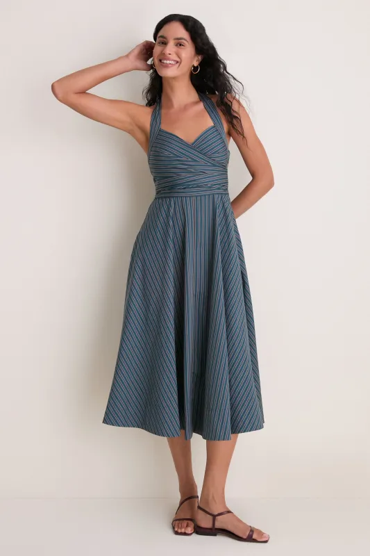 Carbon Blue Multi Stripe Magnolia Halter Dress made by A.L.C.