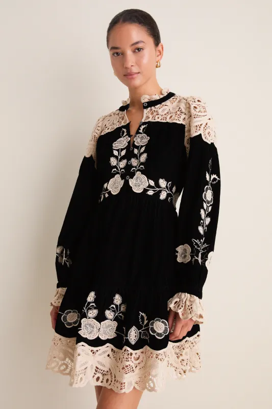 Black Shiloh Embroidery Long Sleeve Mini Dress made by Sea New York