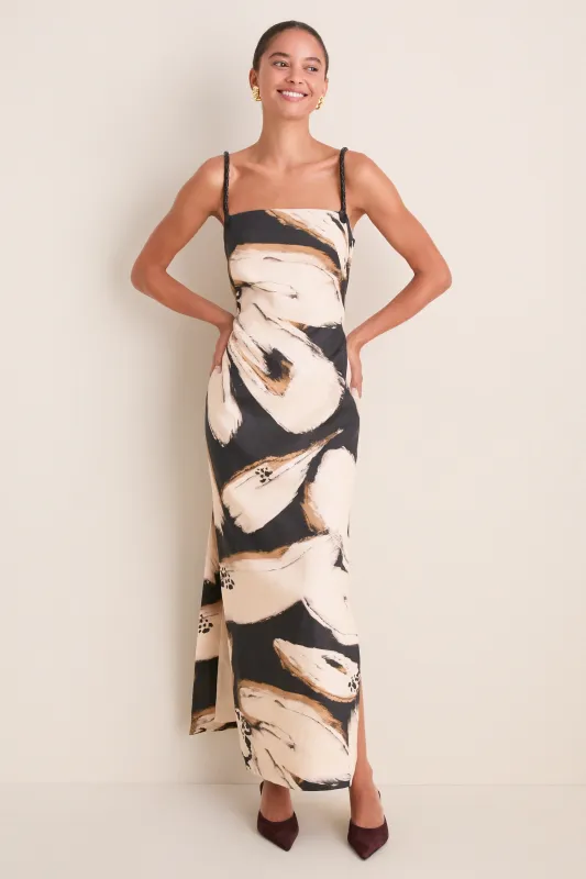 Black Ecru Abstract Floral Lo No Dicho Midi Dress made by ANDRES OTALORA
