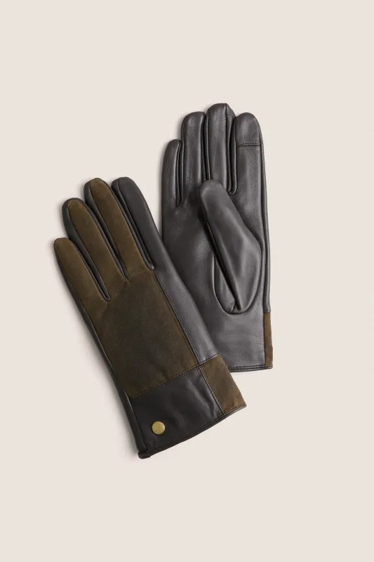 Brown and Olive Rudson Patchwork Leather Gloves made by Barbour