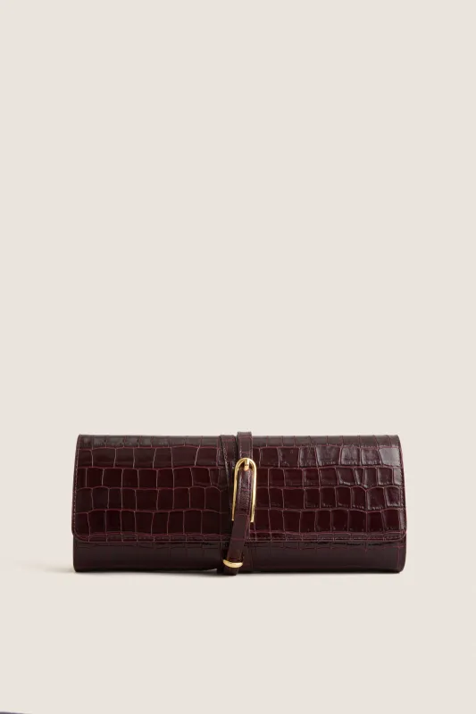 Burgundy Croc Embossed Belted Clutch made by Liffner