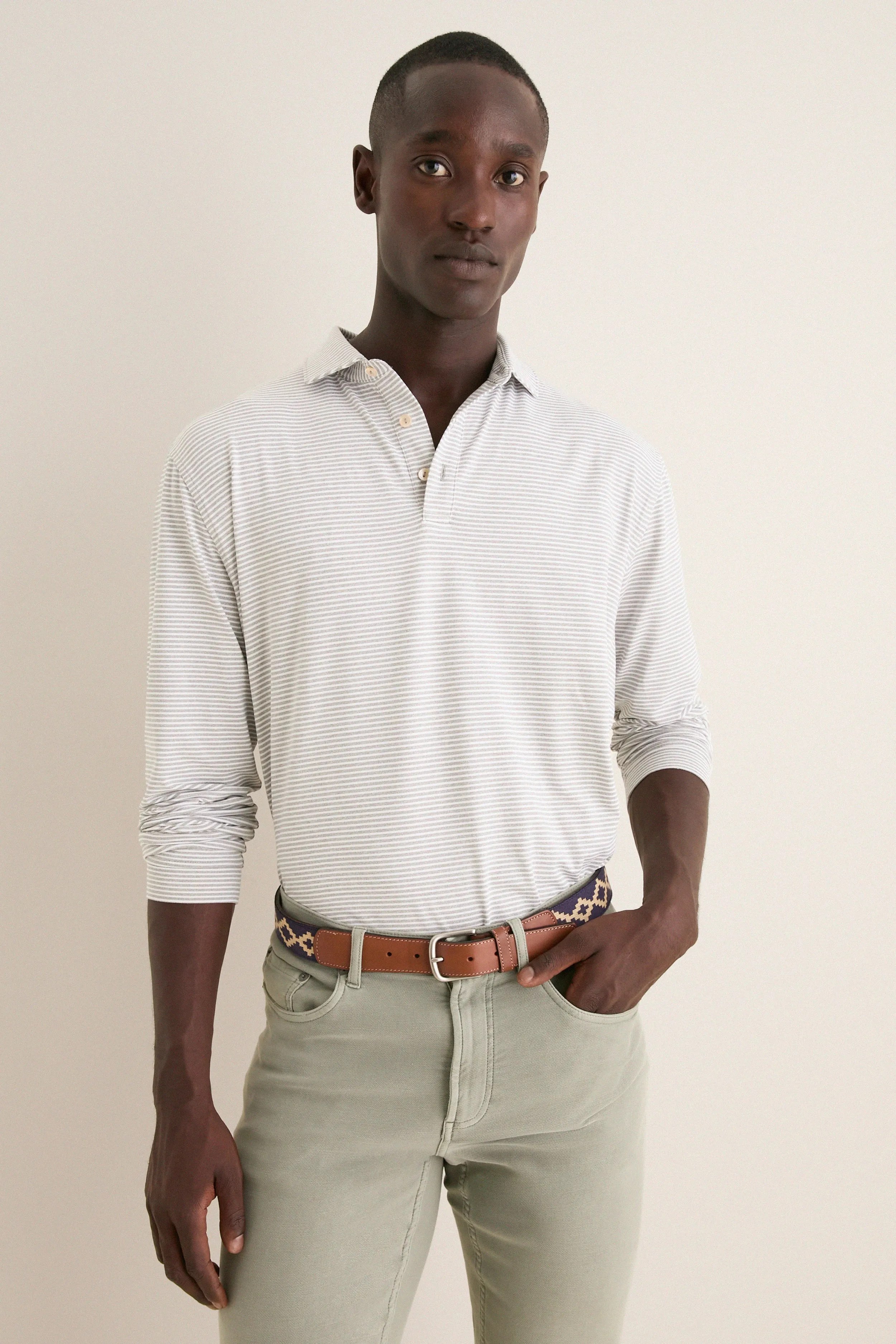 Gale Gray Lyons Stripe Performance Long Sleeve Polo sold by Tuckernuck