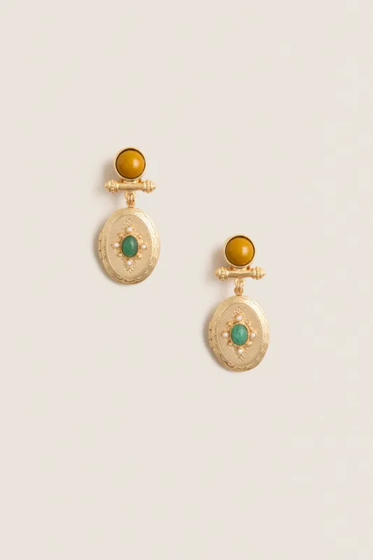 Gold Gemstone Oval Locket Earrings made by Ben-Amun