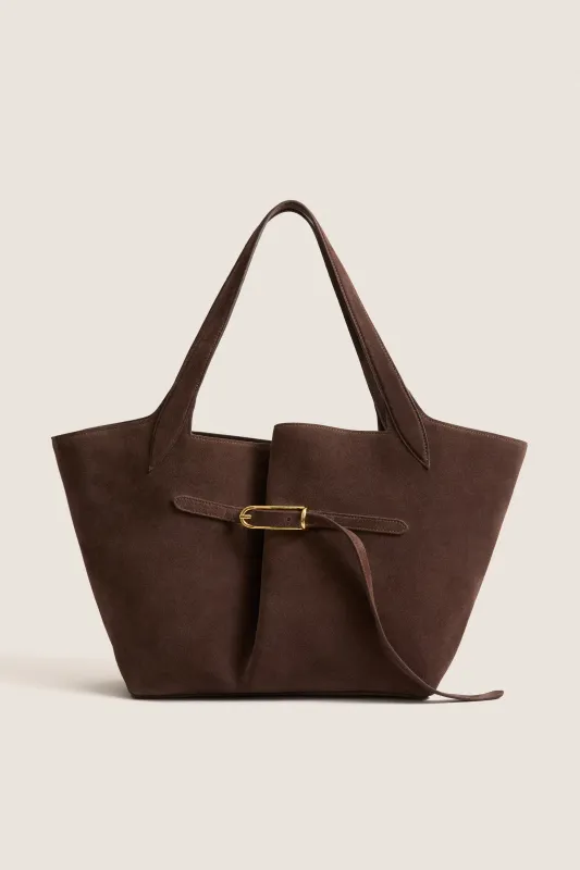 Dark Brown Suede Belted Tote made by Liffner