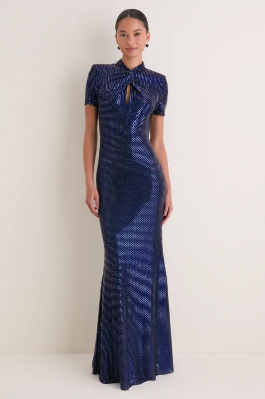 Navy Rhinestone Mesh Twist Maxi Dress made by Self-Portrait