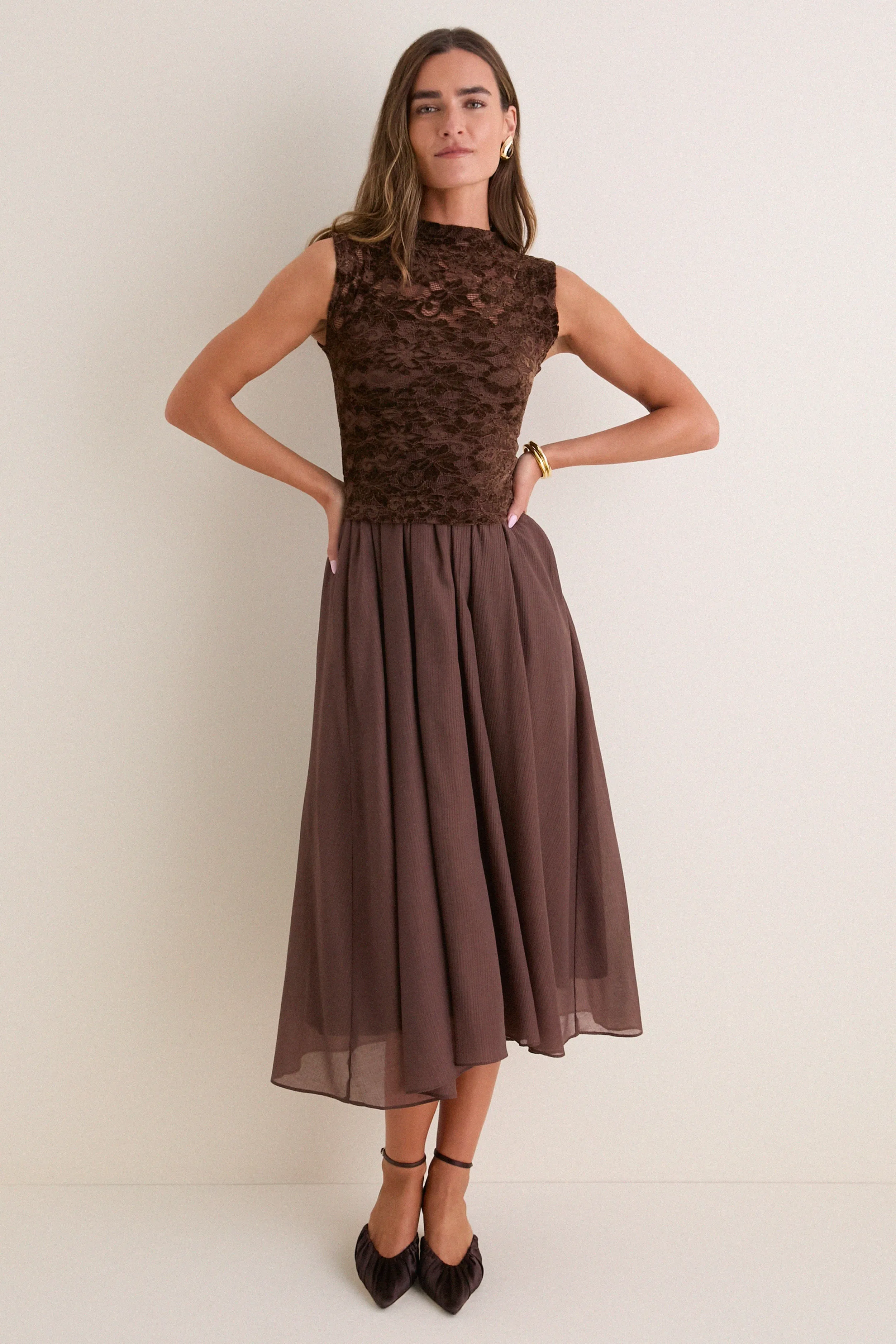 Brown Velvet Lace Twofer Midi Dress sold by Tuckernuck