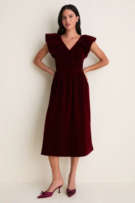 Burgundy Velvet Lyra Midi Dress made by Hyacinth House