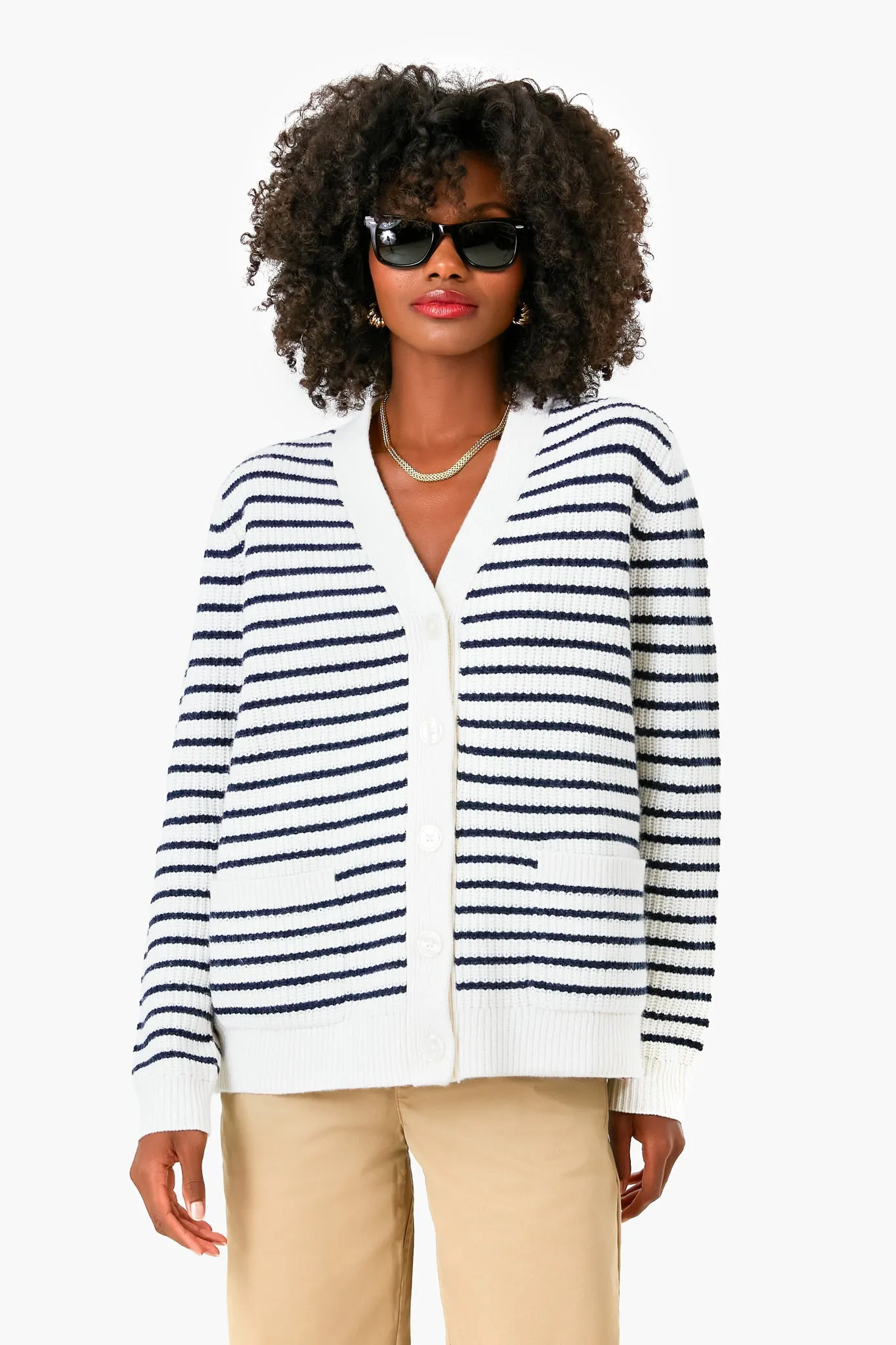 The Cream and Navy Monica Cardigan sold by Tuckernuck
