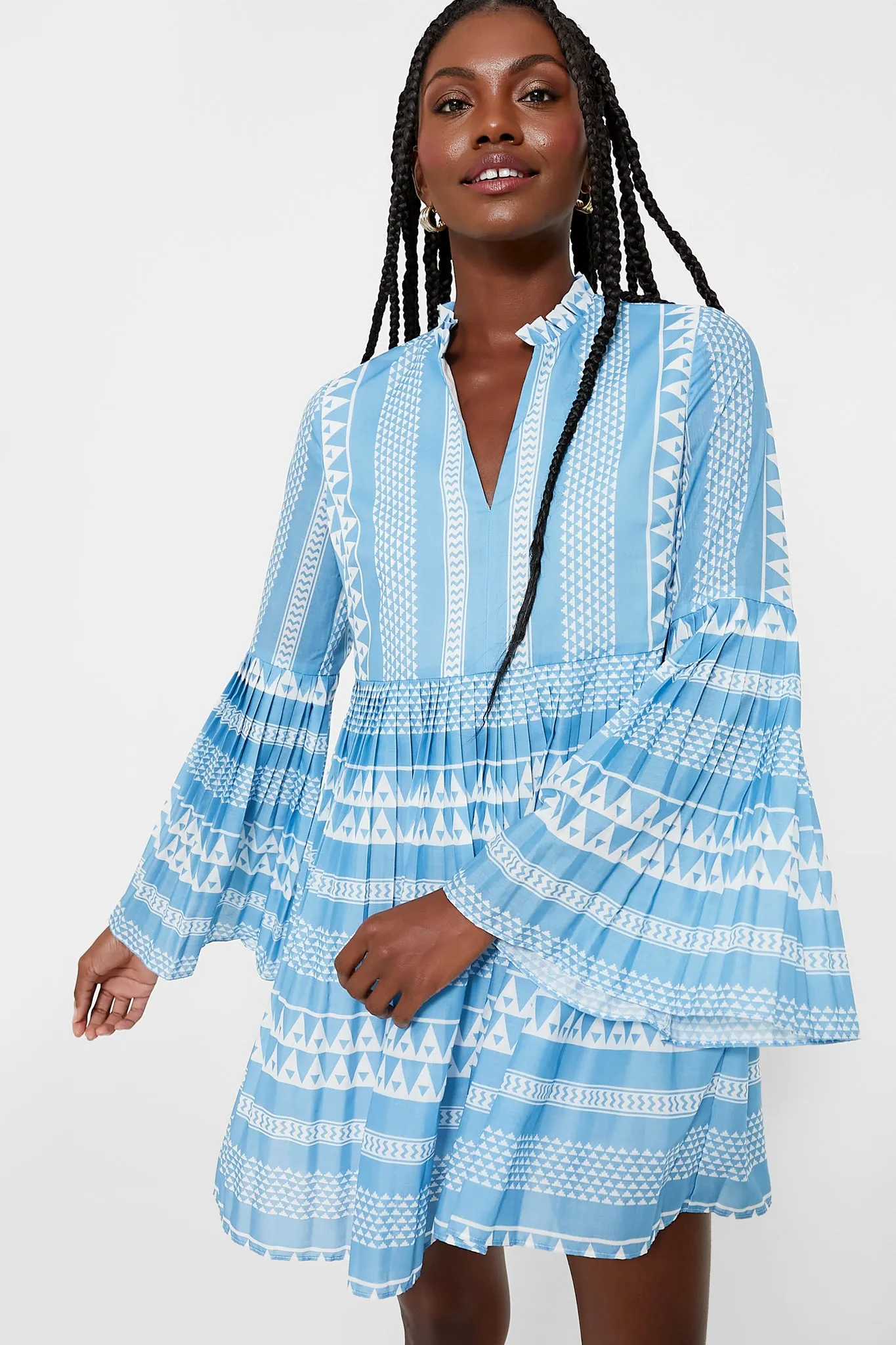 Blue & White Bell Sleeved Blaine Mini Dress sold by Tuckernuck