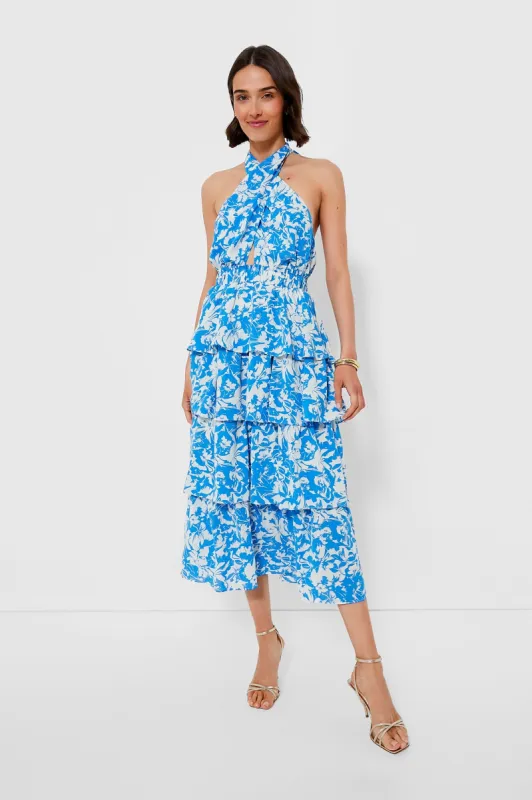 Blue and White Floral Halter Neck Jenny Midi Dress sold by Tuckernuck
