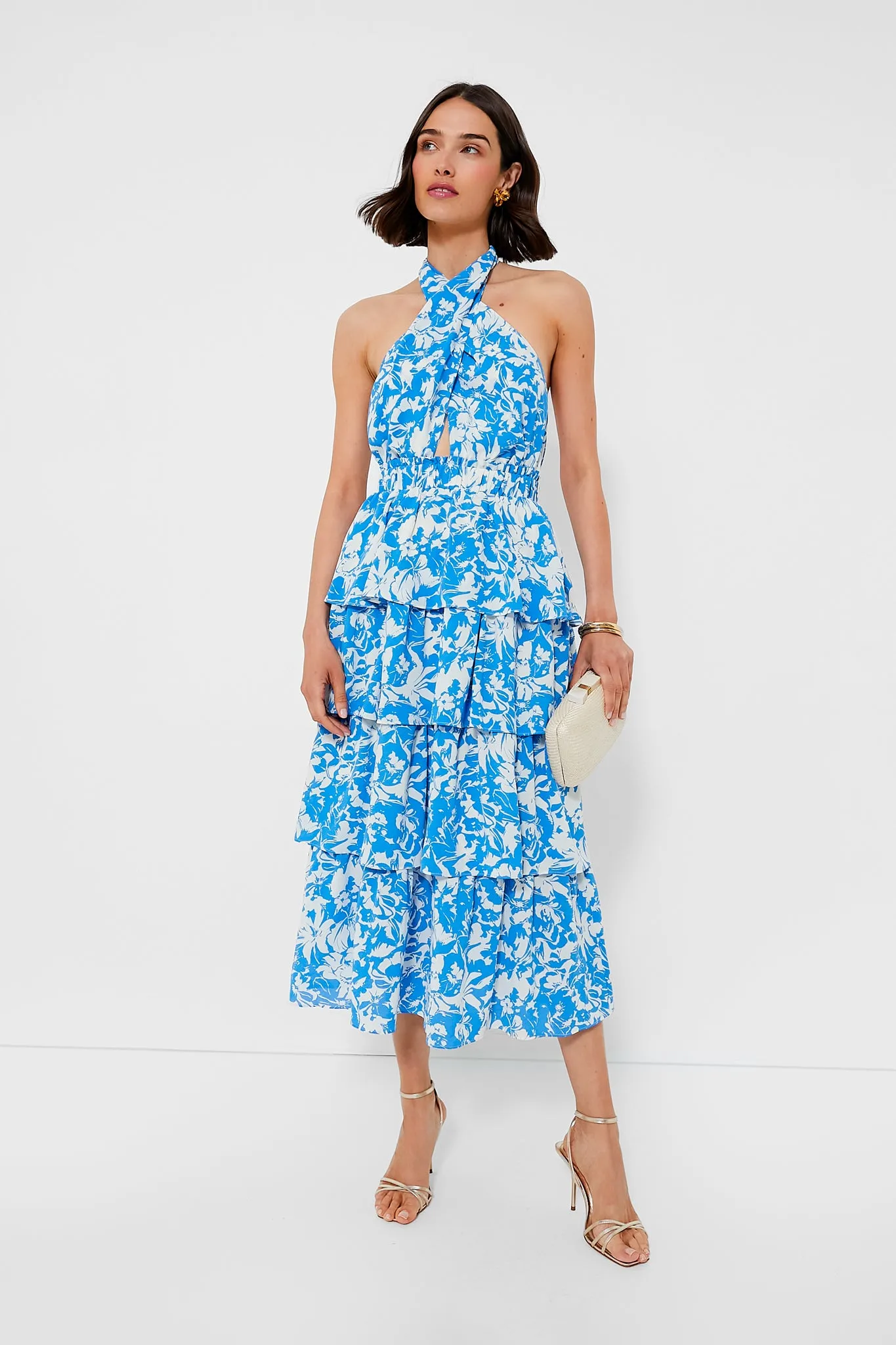 Blue and White Floral Halter Neck Jenny Midi Dress sold by Tuckernuck product image thumbnail 3
