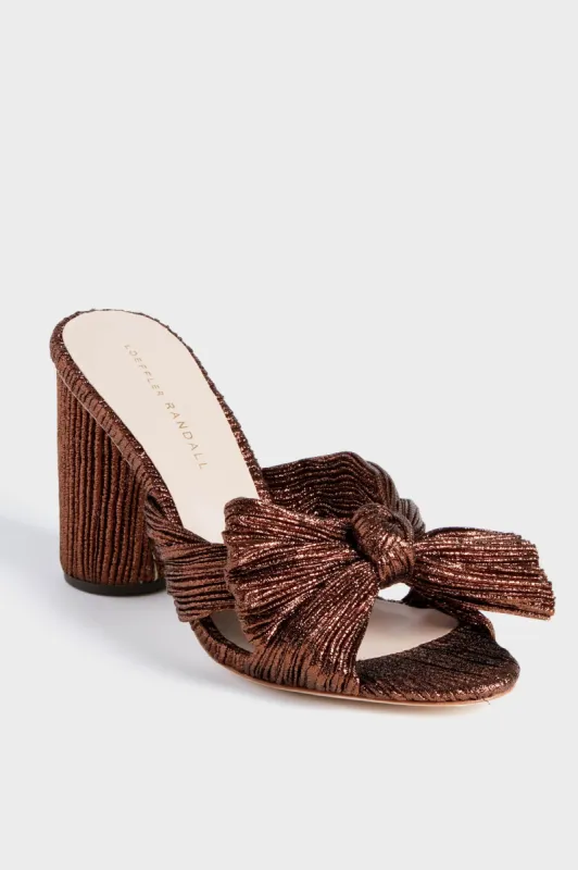 Mocha Lame Penny Pleated Knot Mules sold by Tuckernuck