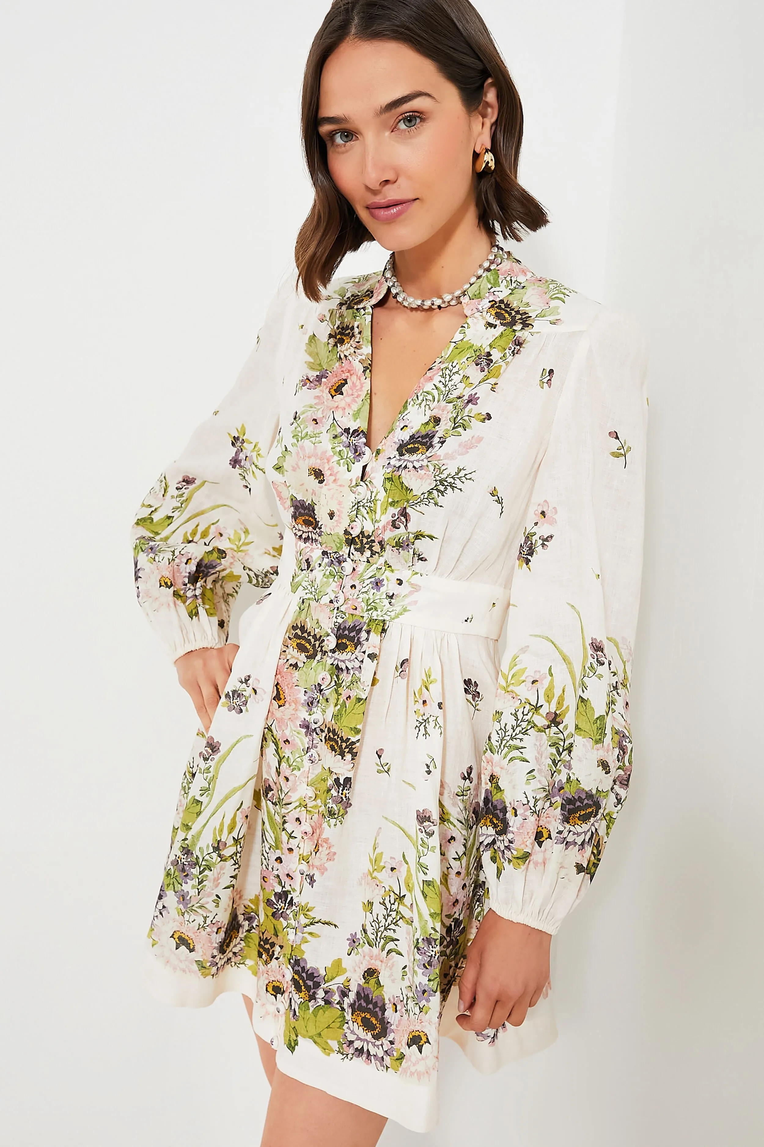Cream Multi Floral Halliday Plunge Mini Dress sold by Tuckernuck