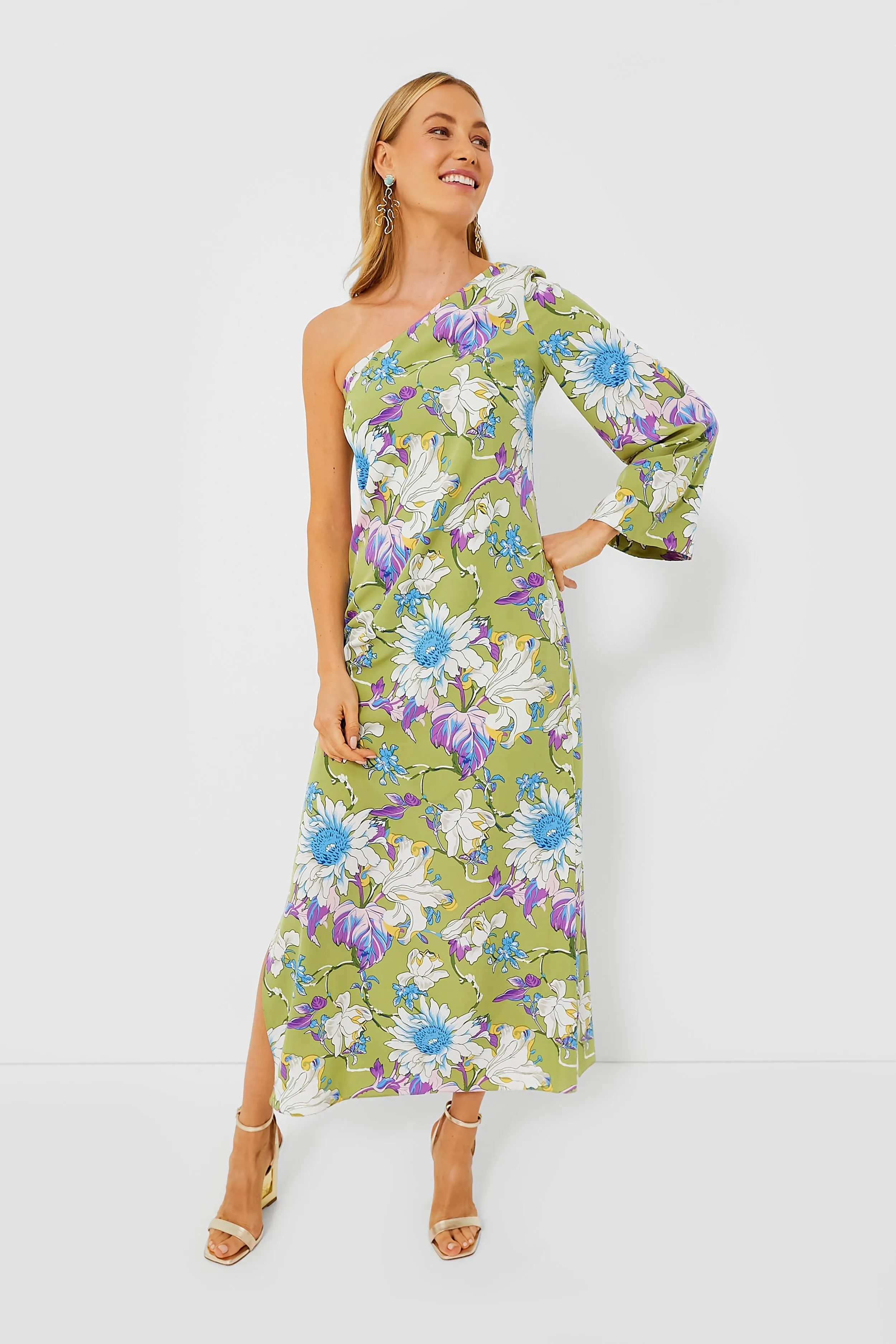 Green Floral One Shoulder Odelia Maxi Dress sold by Tuckernuck