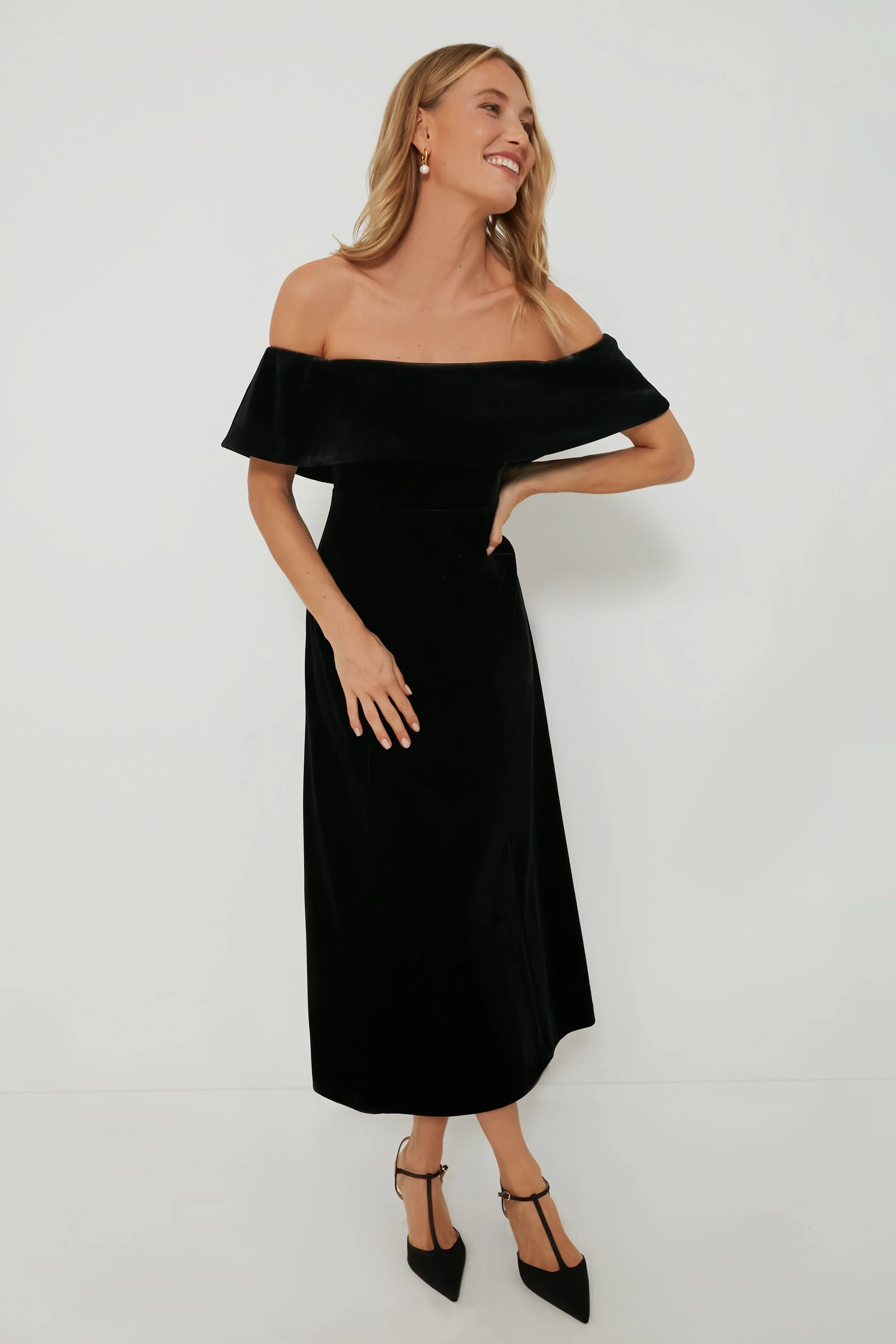 Black Velvet Off The Shoulder Elise Dress sold by Tuckernuck