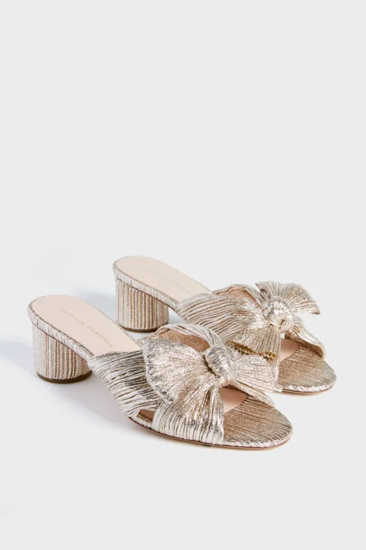Champagne Shimmer Lame Emilia Pleated Knot Mules sold by Tuckernuck