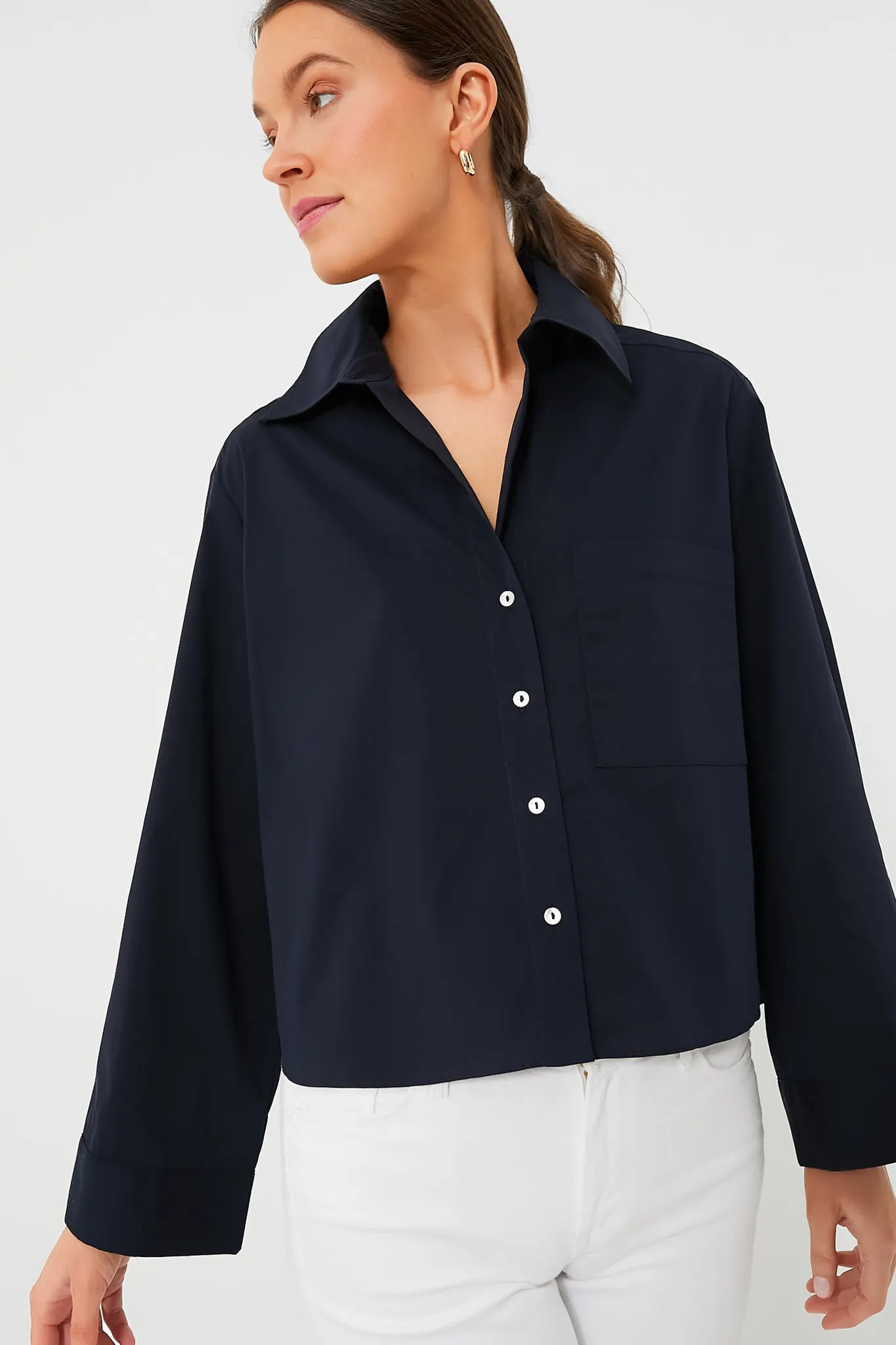 Navy Mara Cropped Button Down sold by Tuckernuck