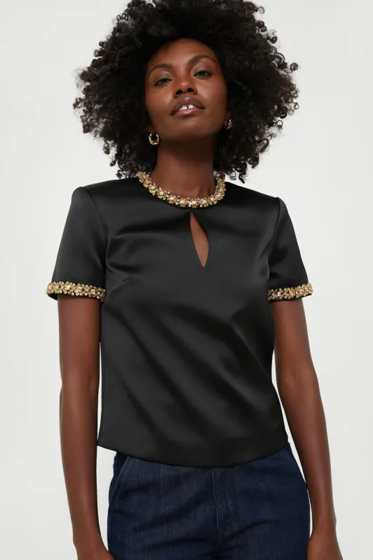 Black Satin Embellished Top sold by Tuckernuck