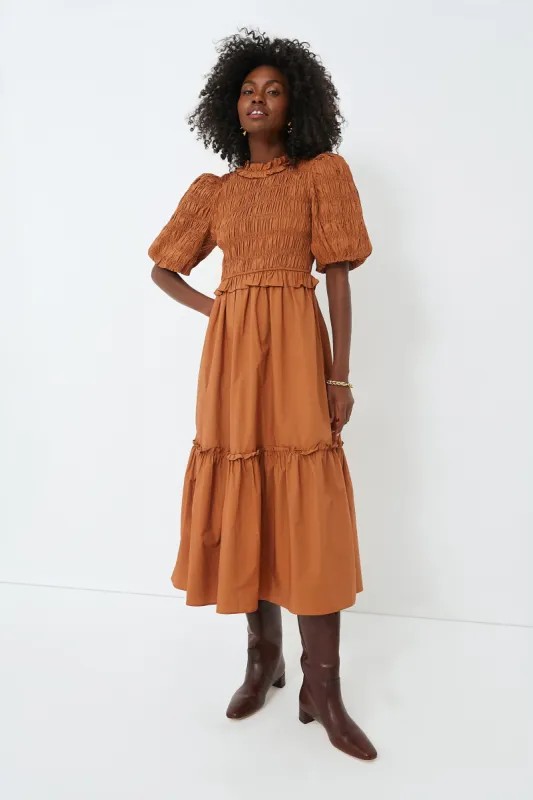 Exclusive Caramel Bubble Sleeve Smocked Midi Dress made by Moon River