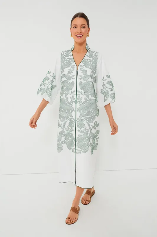 White & Green Embroidery Arem Caftan sold by Tuckernuck