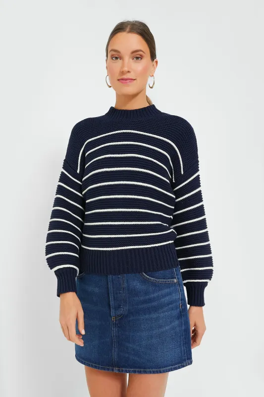 Dark Navy and Ivory Stripe Button Back Crewneck Sweater made by Alex Mill