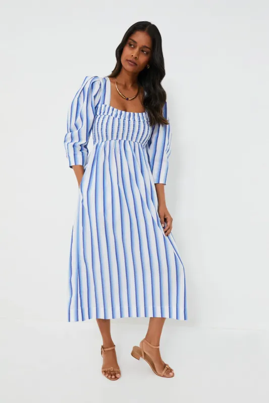 Silver Lake Blue Stripe Cotton Open-neck Smock Long Dress sold by Tuckernuck